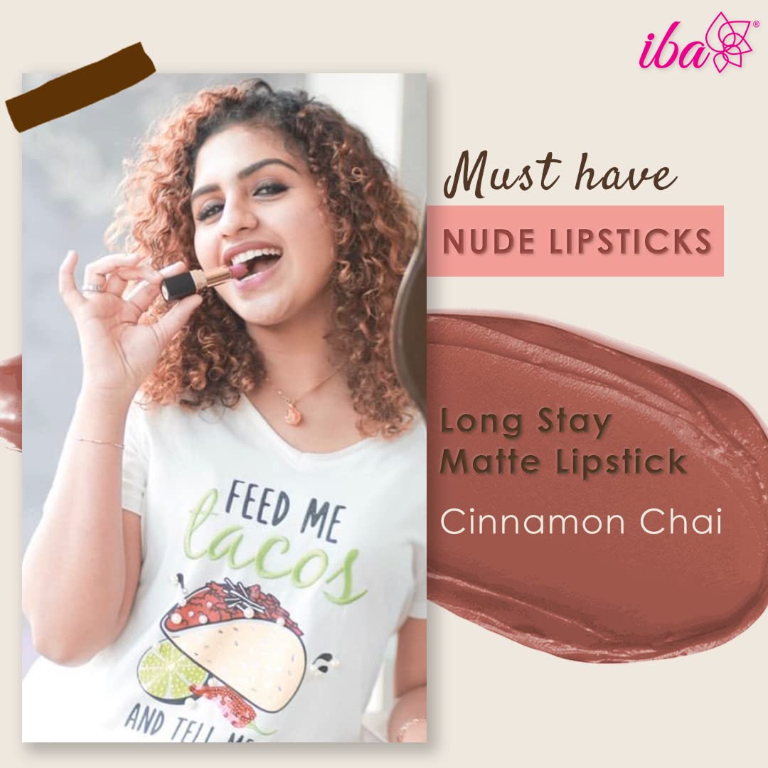 Iba Long Stay Matte Lipstick for Women- M15 Cinnamon Chai, 4g | Creamy Matte Finish & Smooth Texture| Long-Lasting | Hydrated Lips | Enriched with Vitamin E| Intense Colour & Highly Pigmented | Lip Makeup