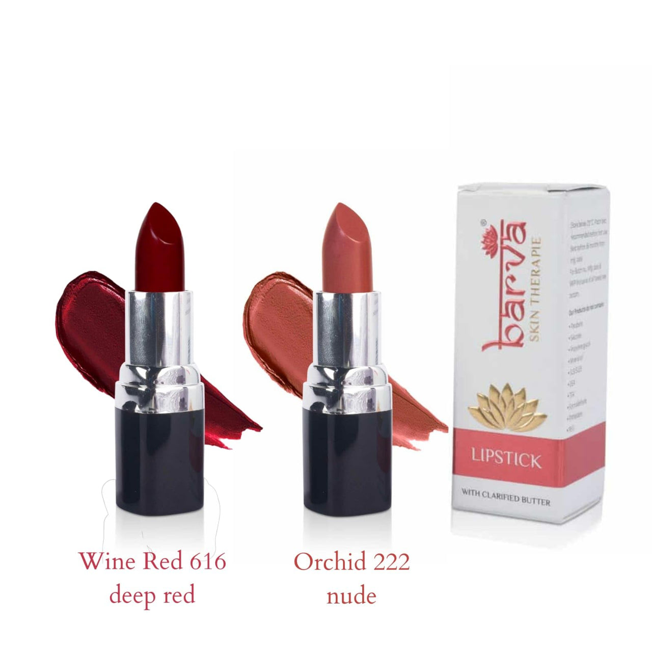 Barva Natural & Moisturising Lipsticks made using Clarified Butter, Kokum butter and Mineral Colours, 4.3g (Pack of 2) (Wine Red 616 & Orchid 222)