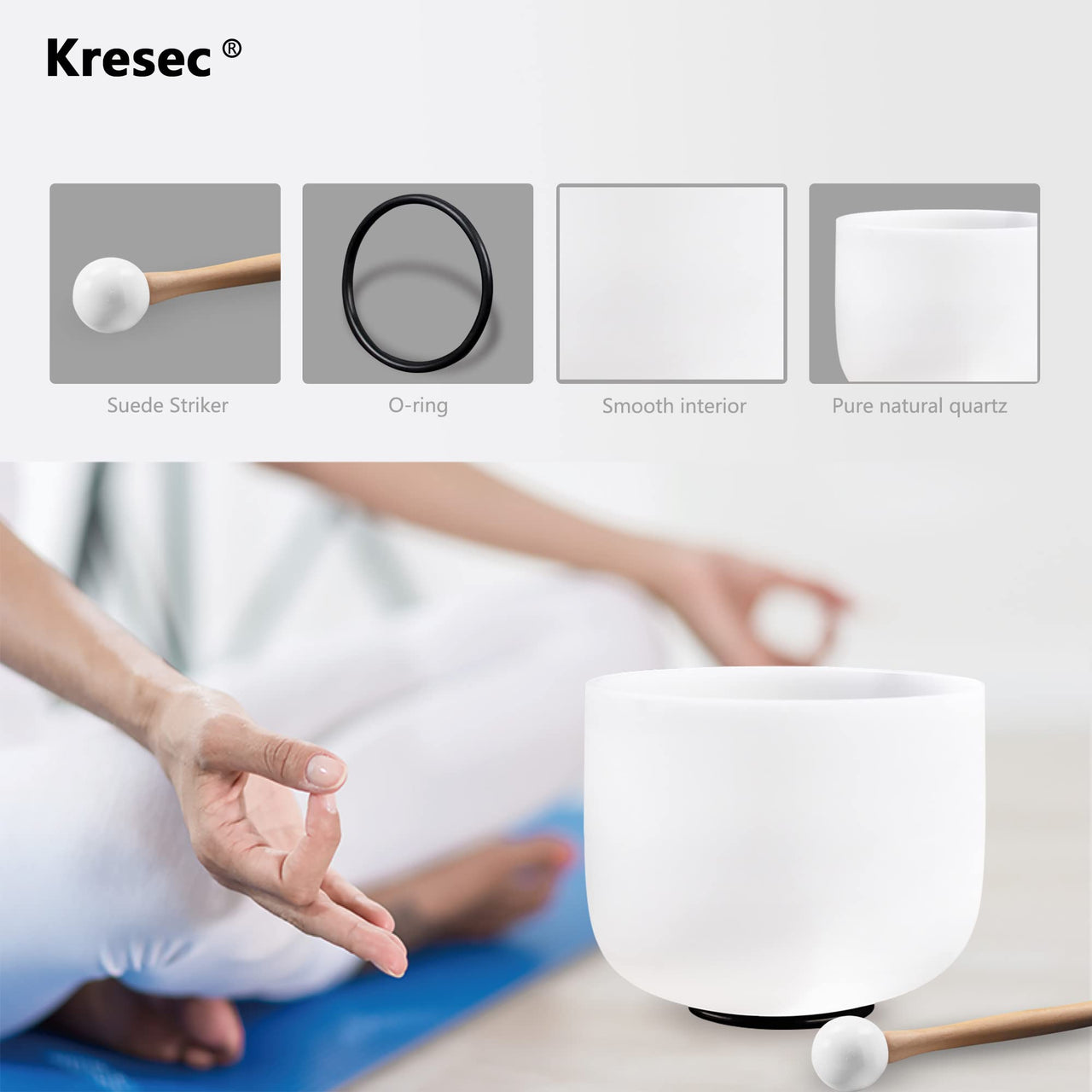 Kresec 9 Inch Crystal Singing Bowl F Note (±40 cents) Heart Chakra with O-ring and Mallet for Meditation, Yoga, Spiritual and Body Healing and Energy Cleansing