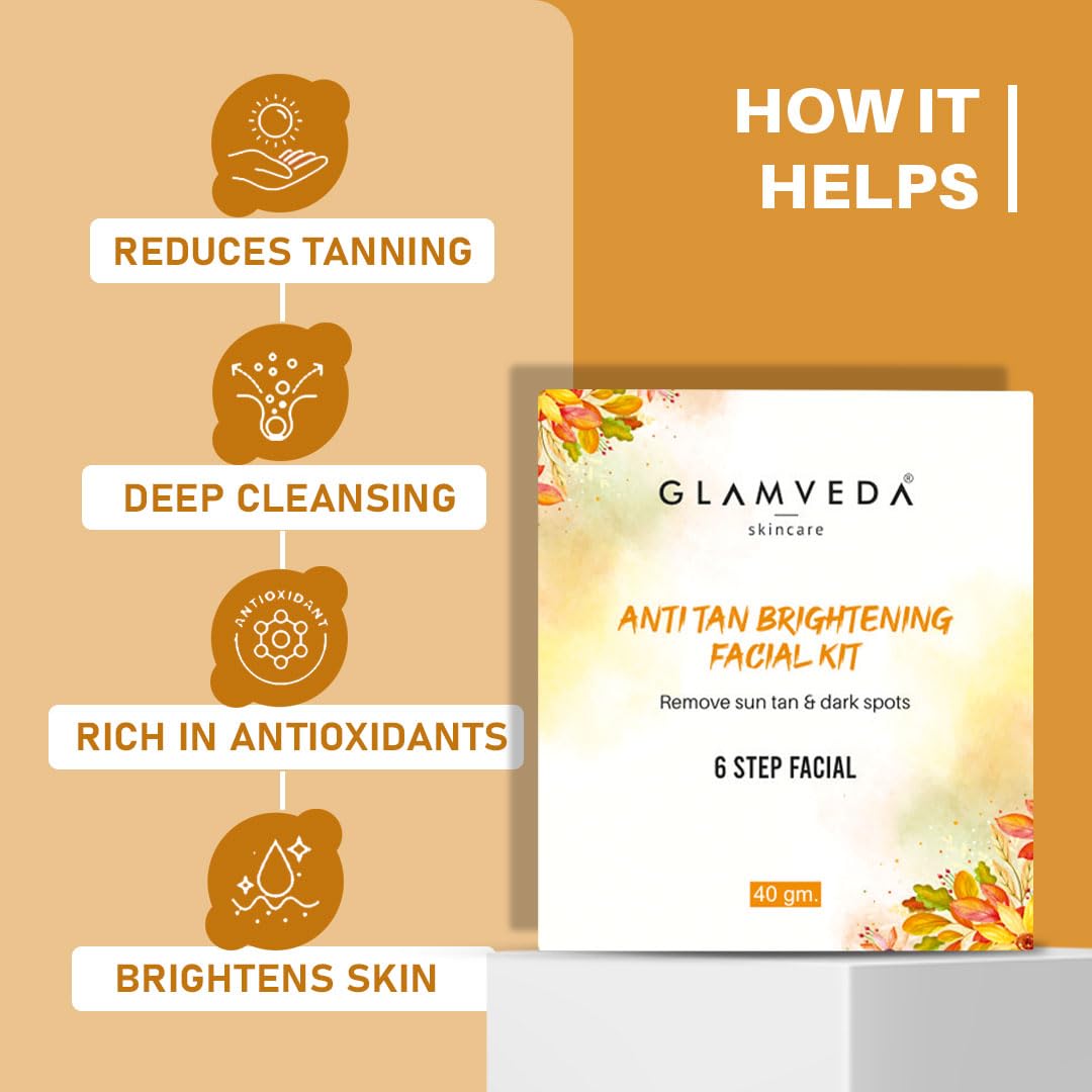 Glamveda Anti Tan Brightening Facial Kit | 6 Steps Facial | Removes Sun Tan & Dark Spots | Detans Skin For Instant Glow | For All Skin Types | 40gm