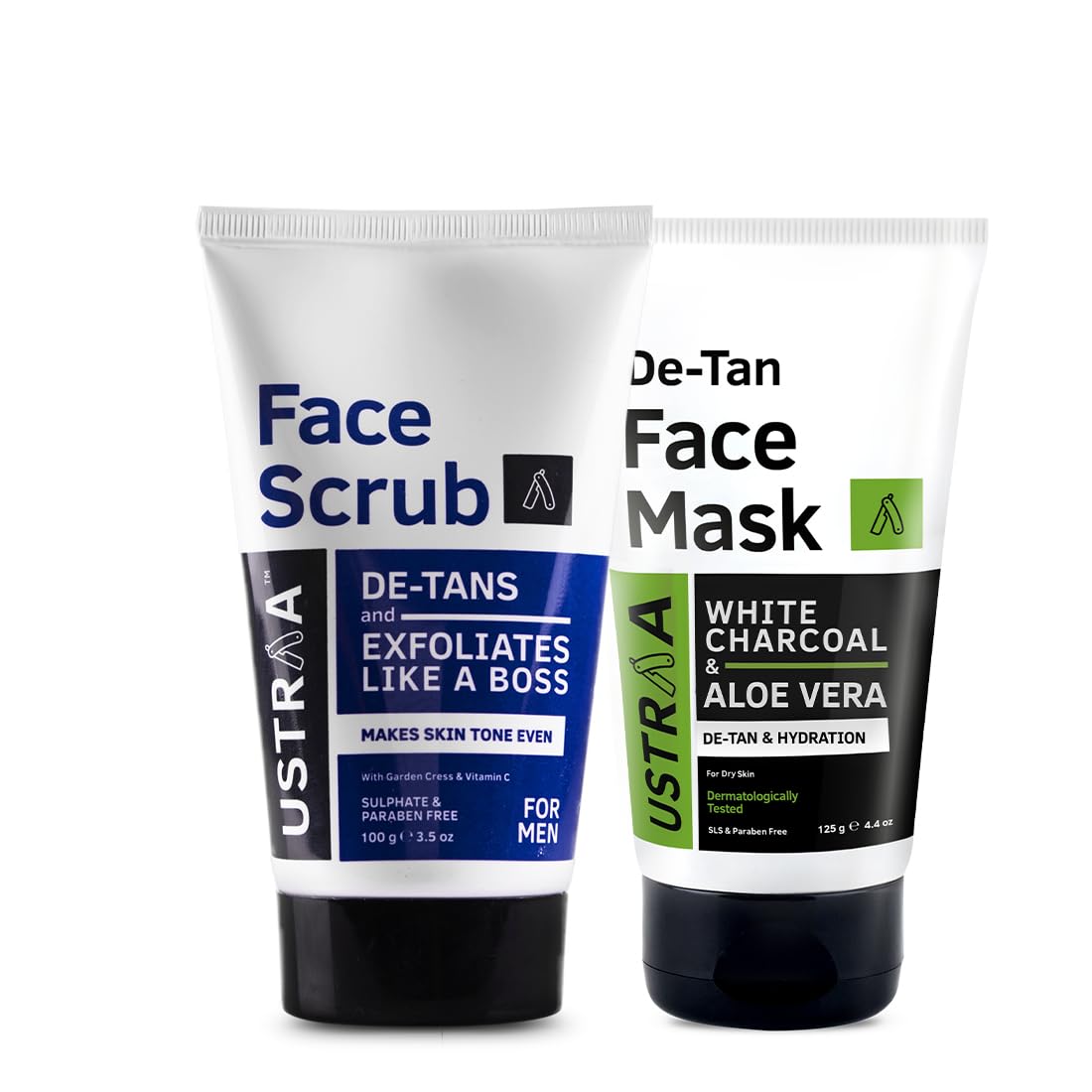 Ustraa De-Tan Face Scrub for Men - 100g | Exfoliation & Effective Tan Removal | No SLS & De-Tan Face Mask - Dry Skin - 125g - Wash-off mask | with White Charcoal | Helps Removes Tanning & Dead Skin