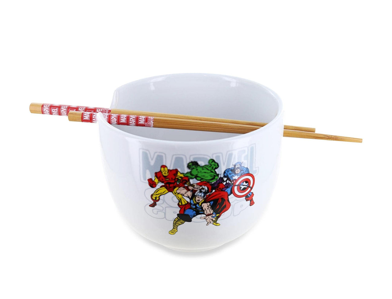 Silver Buffalo Marvel Retro Group Avengers Featuring Captain America, Hulk, Thor, and Iron Man Ceramic Ramen Bowl with Chopsticks, 20 Ounces