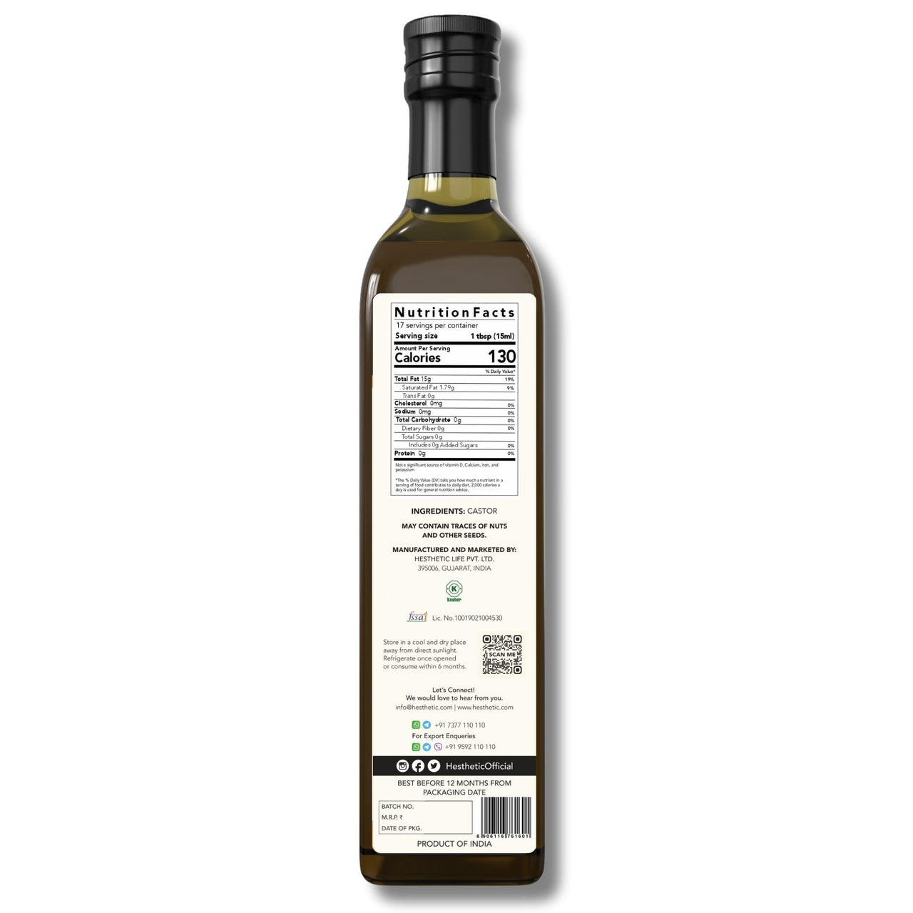 HESTHETIC Premium Cold Pressed Castor Oil – 250ml, 100% Pure & Natural, Promotes Hair Growth, Moisturizes Dry Skin, Anti-Inflammatory, Nourishing for Hair & Skin, Therapeutic Oil in Glass Bottle