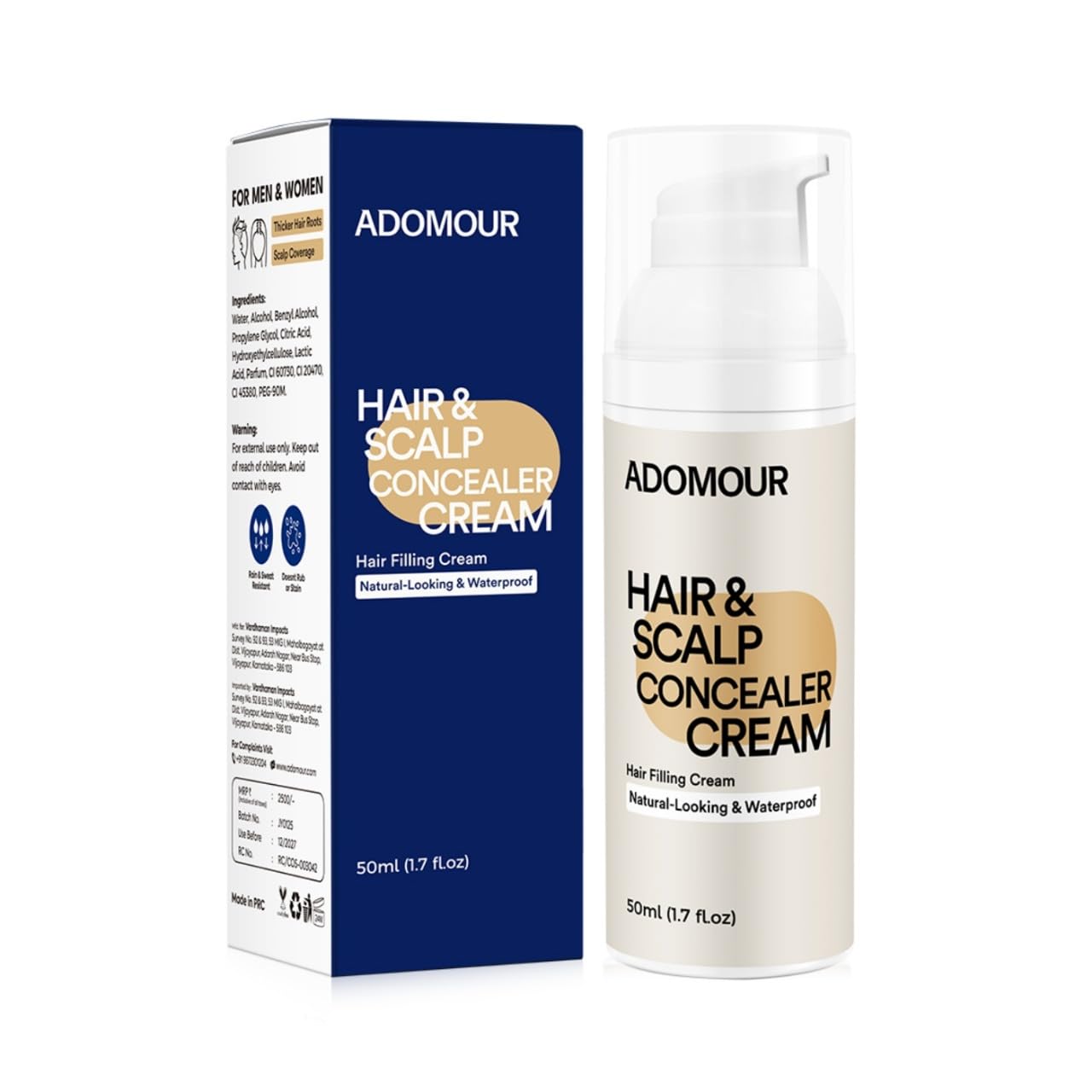 ADOMOUR Hair & Scalp Concealer Cream, 50ml | Covers Grey Roots & Bald Spots Instantly | Sweat Resistant & Stain Proof 24 Hour Formula | Professional & Natural Looking Hair Coverage | For Men & Women