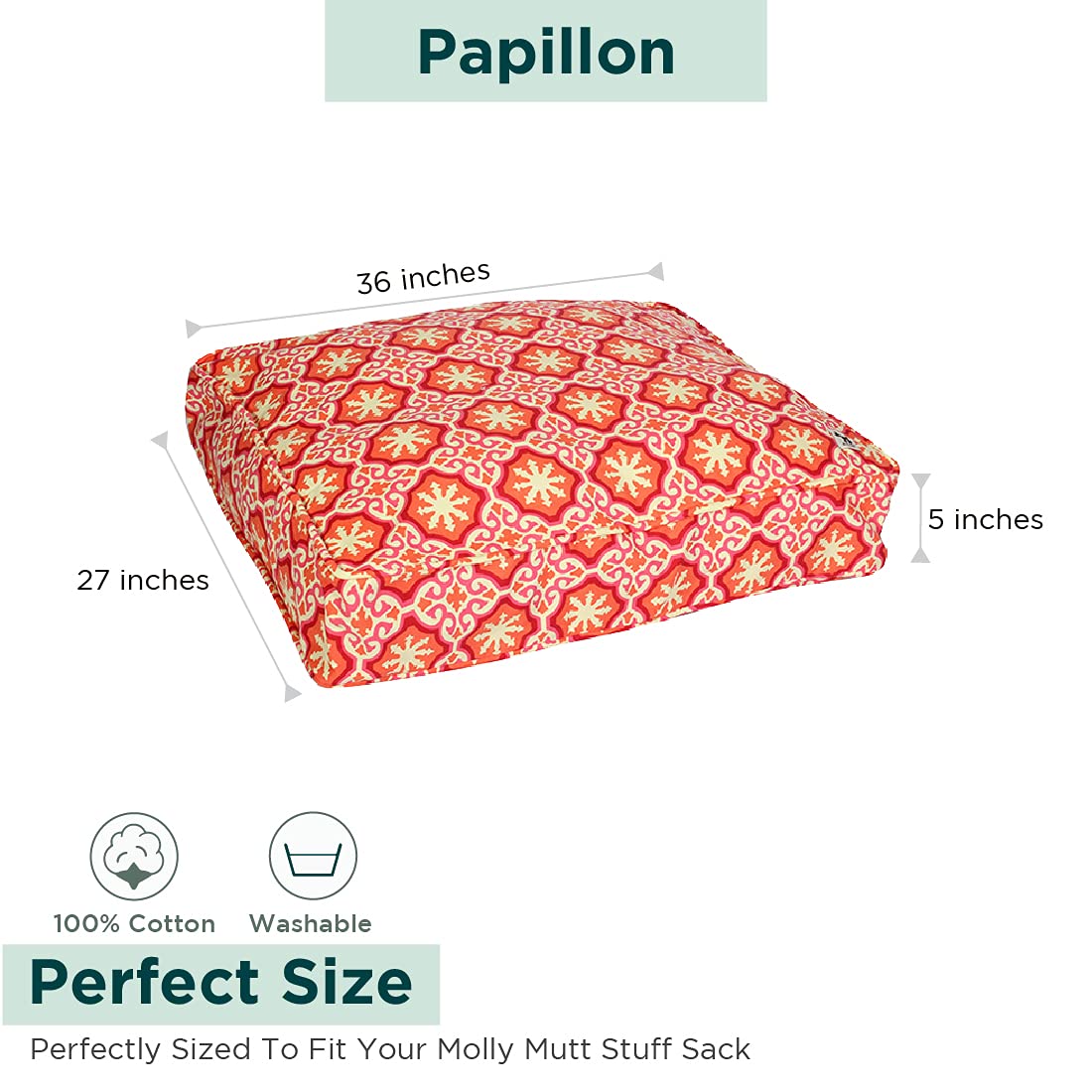 Molly Mutt Medium to Large Dog Bed Cover - Papillon Print - Measures 27x36x5 - 100% Cotton - Durable - Breathable - Sustainable - Machine Washable Dog Bed Cover