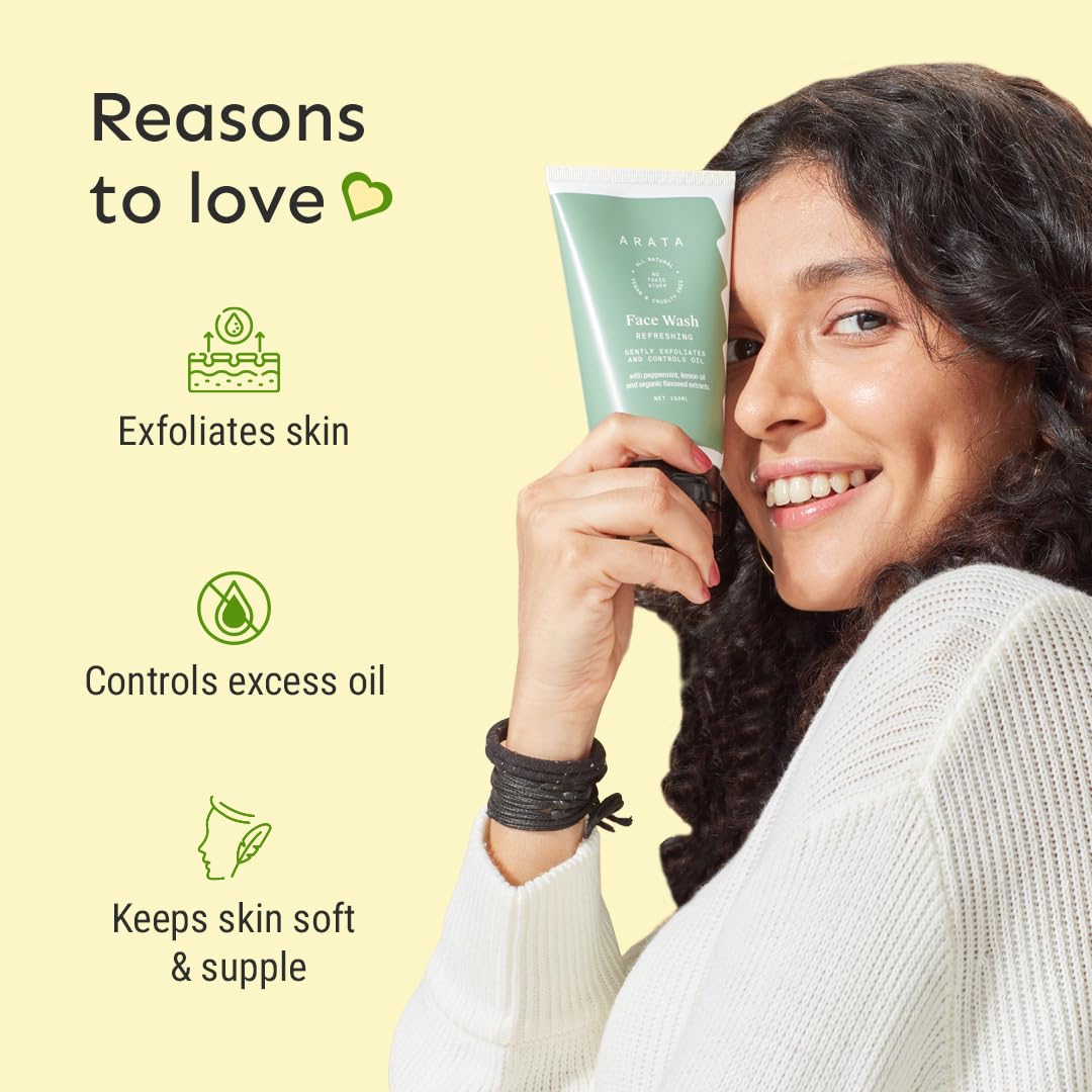 Arata Refreshing & Hydrating Face Wash 150ml | With Peppermint, Lemon Oil & Flax Seed Extracts | For Dry, Oily, Sensitive Skin | Detoxifies, Gently Exfoliates, Controls Oil and Dirt | For Women & Men