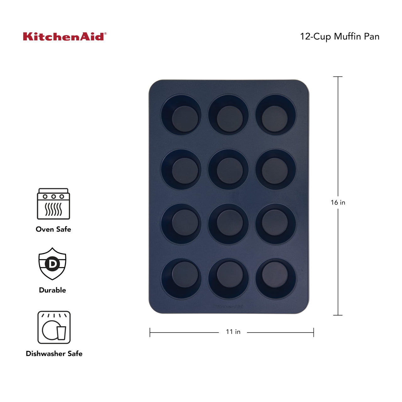 KitchenAid 12-Cup Nonstick Swiss Engineered Aluminized Steel Muffin Pan, Dishwasher Safe, Ink Blue 12 Cup