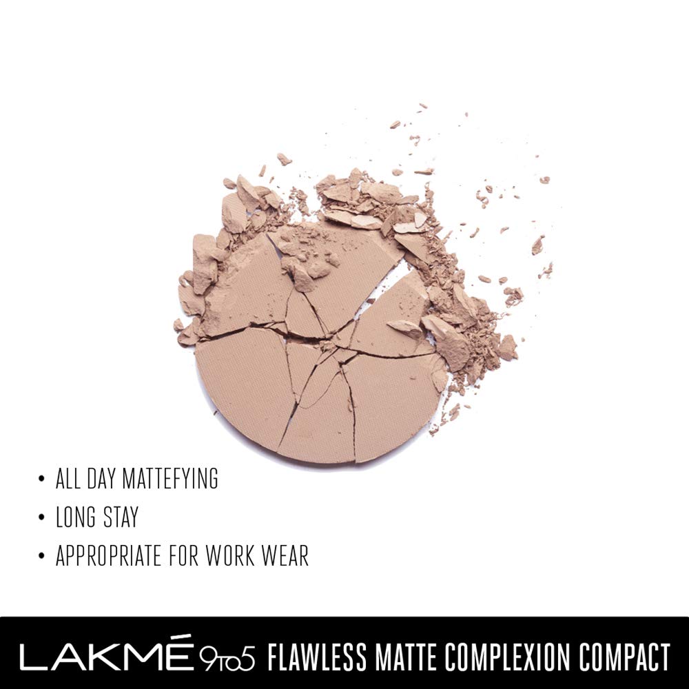 Lakmé 9 to 5 Flawless Matte Complexion Compact Powder, Almond, Absorbs Oil, Conceals & Gives Radiant Skin - All Day Matte Finish Face Makeup, 8 g