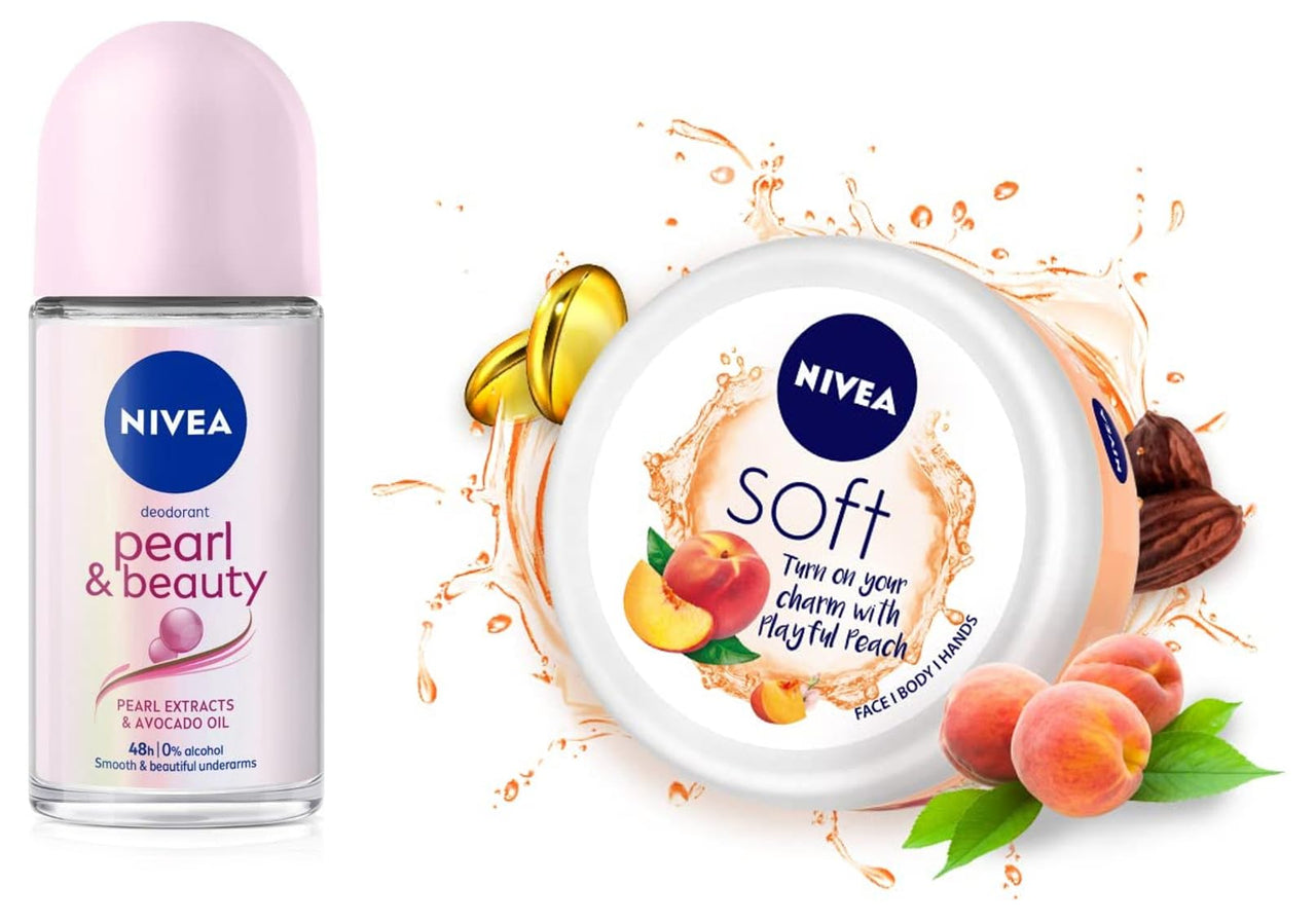 Nivea Soft Playful Peach, Light Moisturizer Cream For Face, Hands And Body, Instant Hydration, Non-Greasy Cream 200 Ml & NIVEA Deodorant Roll On, Pearl & Beauty For Women 50ml