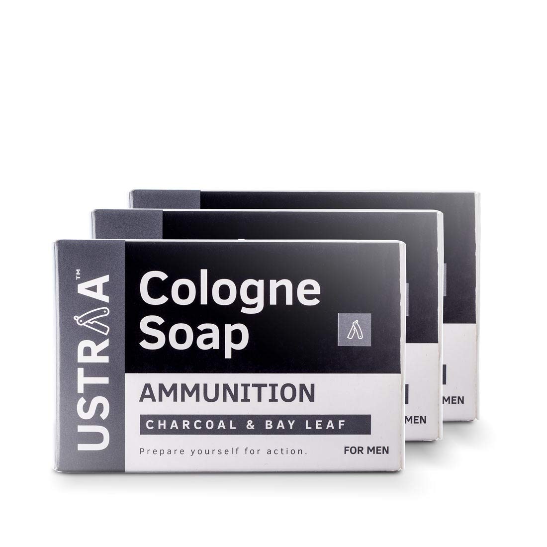 Ustraa Ammunition Cologne Soap with Charcoal & Bay Leaf, 3 x 125 gm (Pack of 3) | Clear, dirt-free skin with Activated Charcoal | Soap with Fragrance of Cologne