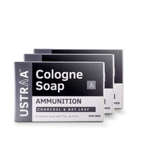 Ustraa Ammunition Cologne Soap with Charcoal & Bay Leaf, 3 x 125 gm (Pack of 3) | Clear, dirt-free skin with Activated Charcoal | Soap with Fragrance of Cologne
