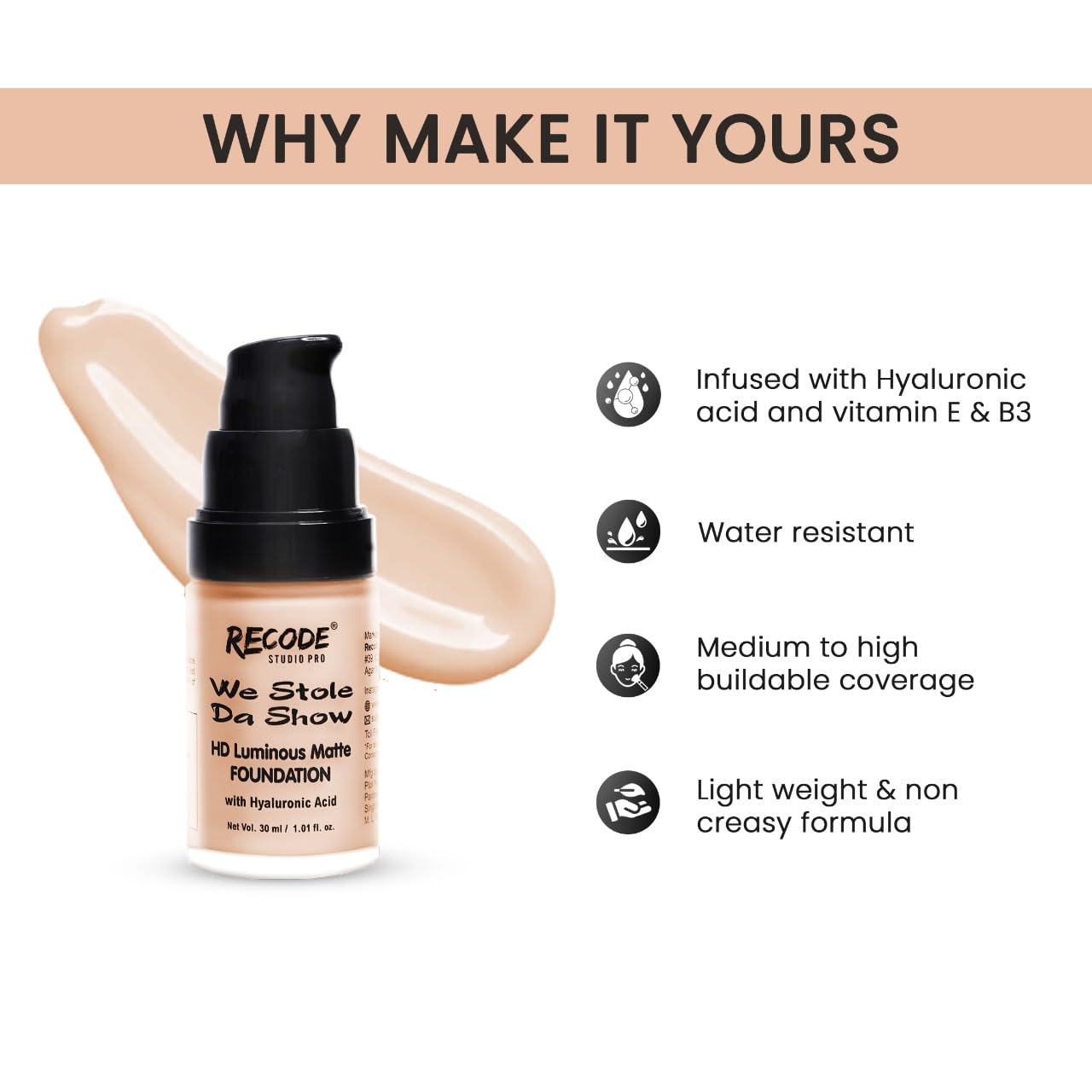 Recode HD Luminous Matte Foundation | 30 ML | 01 | INDIA