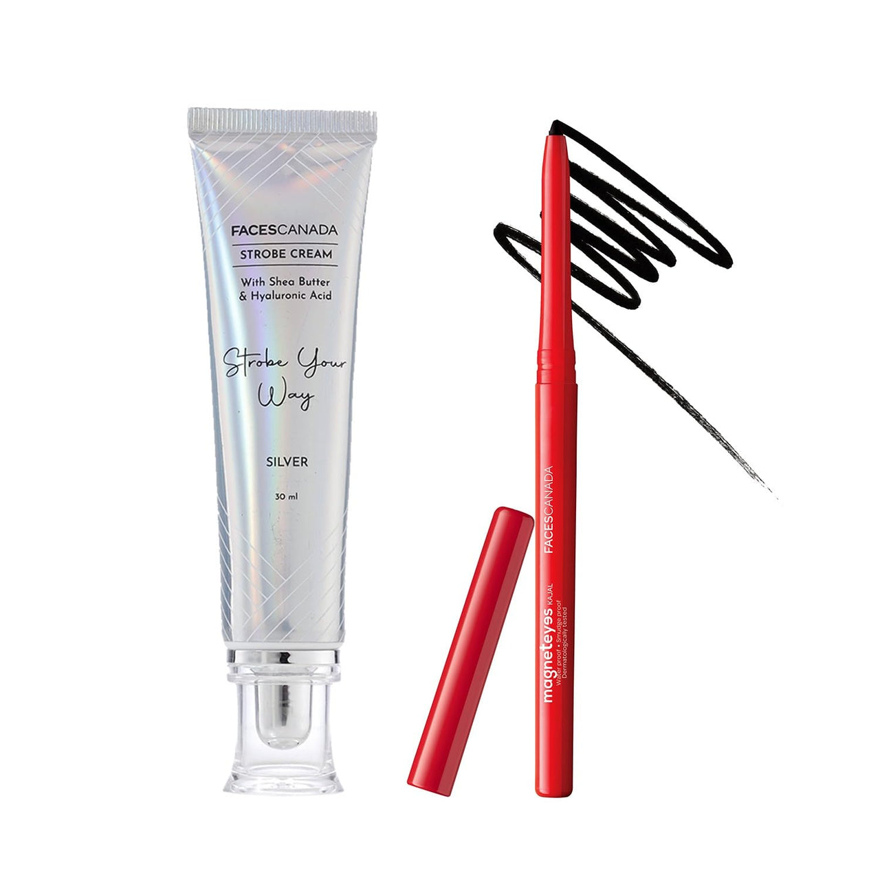 FACES CANADA Face & Eyes Duo | Silver Strobe Cream (30ml) & Black Magneteyes Kajal (0.35g) | Highlighter Glow | Waterproof & Smudgeproof | Makeup Combo Kit