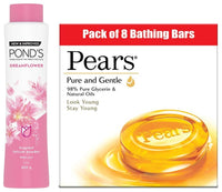 Pears Pure And Gentle Bathing Bar, 125g (Pack Of 8) & POND'S Dreamflower Fragrant Talcum Powder, Pink Lily, 400 g