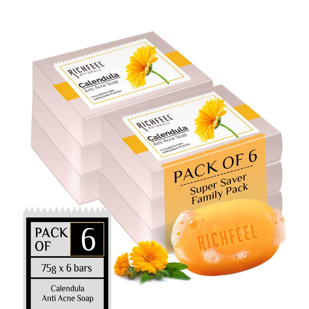 Richfeel Calendula Anti Acne Soap | Power of Soothing Calendula Extracts | For skin prone to Acne & Blemishes | Physician Formulated | Helps Calm & Replenish Skin | 75 g (Pack of 6)