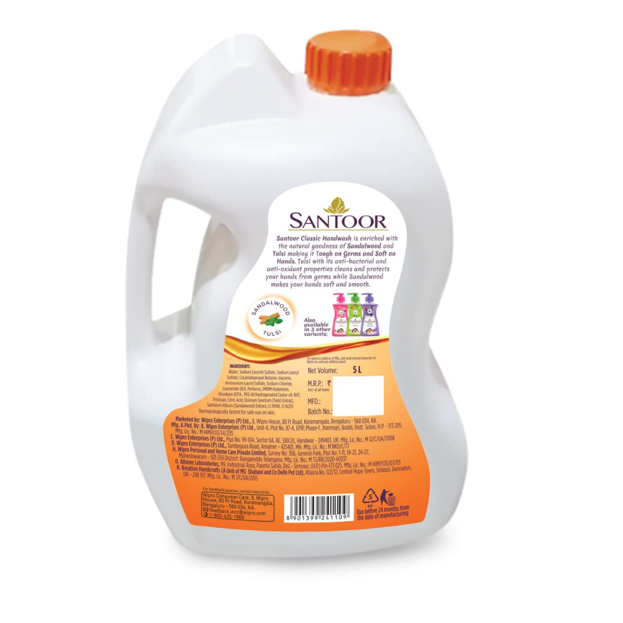 Santoor Classic Gentle Hand Wash 5000ml with Natural Goodness of Sandalwood & Tulsi| Rich Lathering Formula With Anti-Bacterial Properties| Soft on Hands| Soothes & Hydrates Skin