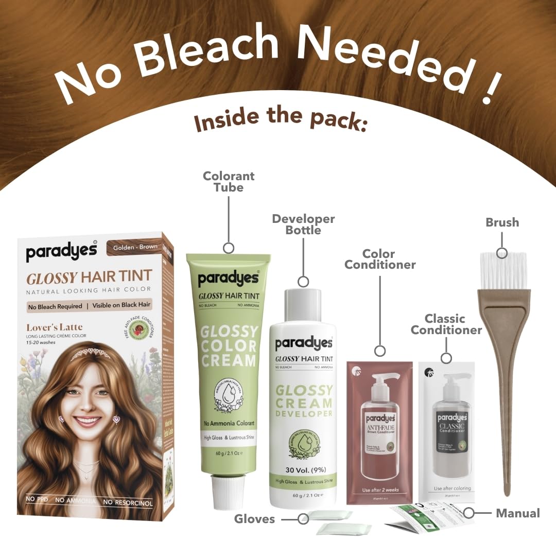 Paradyes No Bleach Lover's Latte Glossy Hair Tint, Ammonia-Free Formula for Natural Black Hair, Visible on Natural Black Hair, Includes Anti-Fade Conditioner for Long-Lasting Shine, Golden Brown