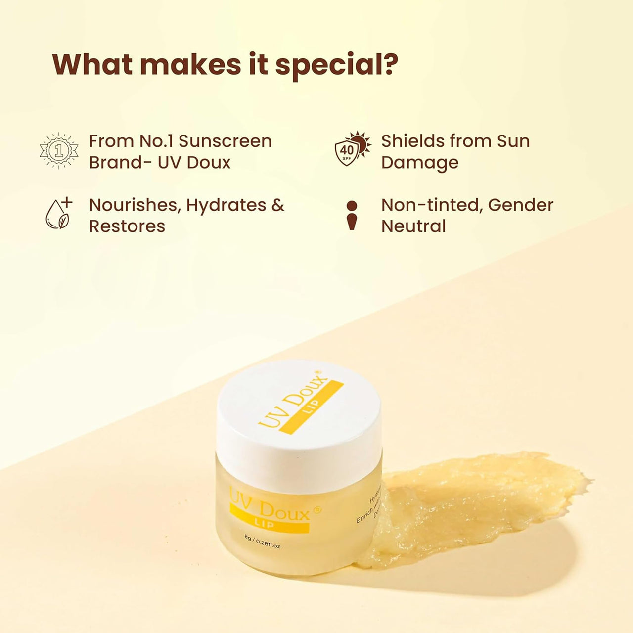 UV Doux Lip Lightening Balm with SPF 40 PA ++ | Enriched with Almond Oil, Olive Oil & Vitamin E | Restores Natural Lip Colour | Hydrates, Protects, Nourishes | Expert Care, Dermatologically Approved , 8gm