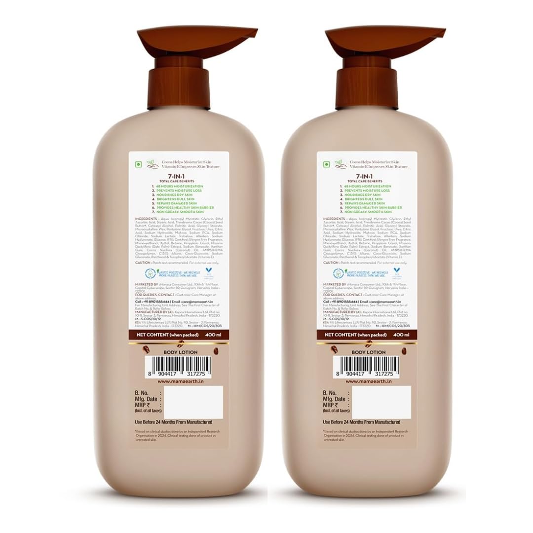 Mamaearth Cocoa Rich Moisturizing Body Lotion with Cocoa Butter & VitaminE for Deep 48H Moisturization | For Very Dry Skin | 7 in 1 Total Care Benefits | 100% Natural Butter | Non-Greasy Smooth Skin | 400 ml (Pack of 2)