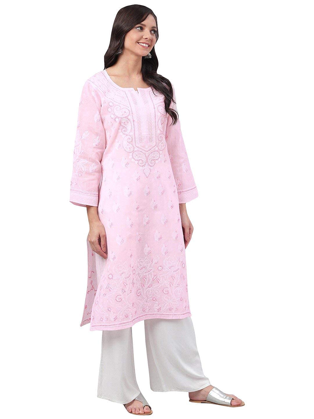 Ada Hand Embroidered Lucknowi Chikankari Straight Cotton Kurti Kurta for Women A220999 White 2XL