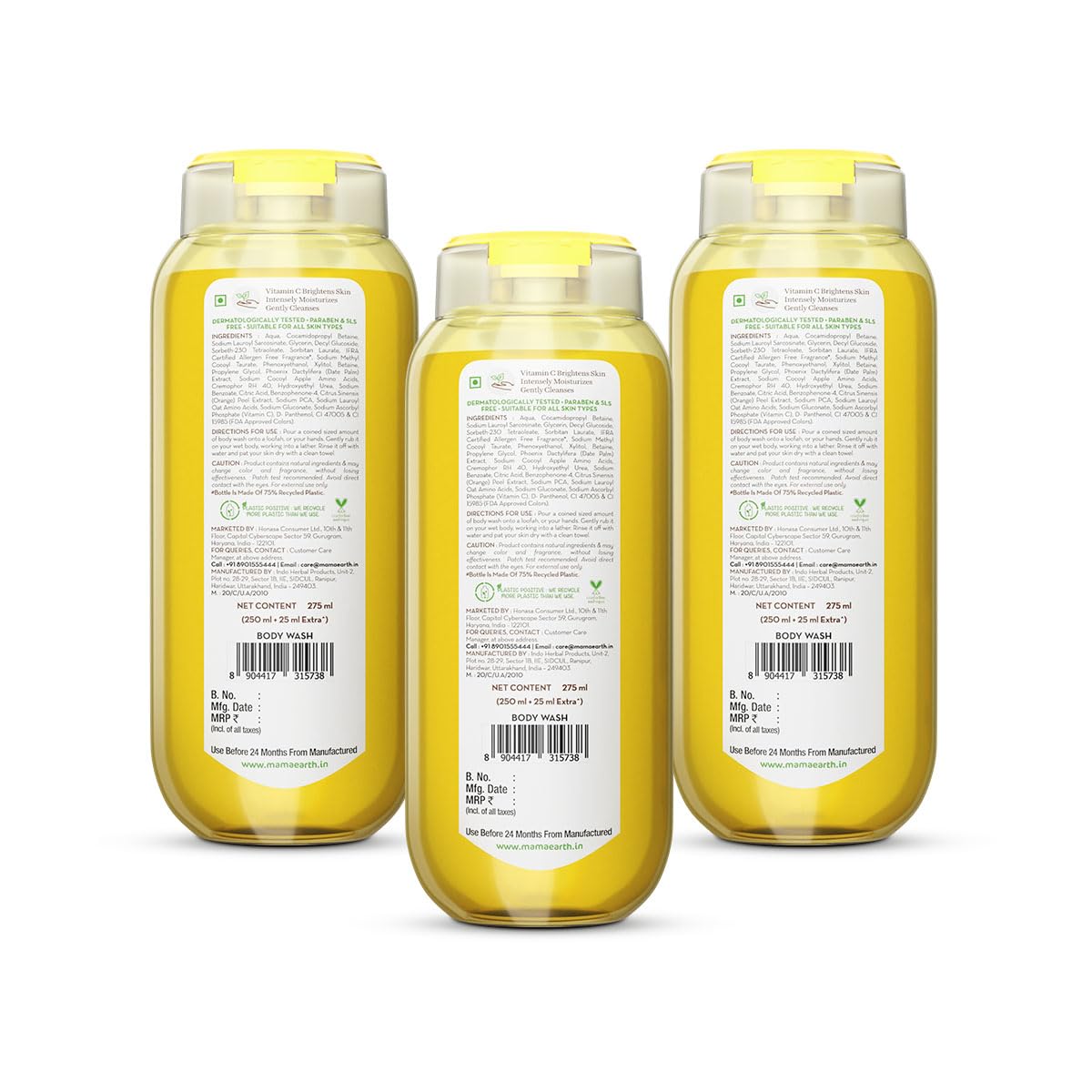 Mamaearth Vitamin C Moisturizing Body Wash with Vitamin C & Refreshing Lemon Scent for Skin Illumination- 275ml | Deeply Cleanses | Intensely Moisturizes | Long-Lasting Fragrance | Radiant Glow | All Skin Types (Pack of 3)
