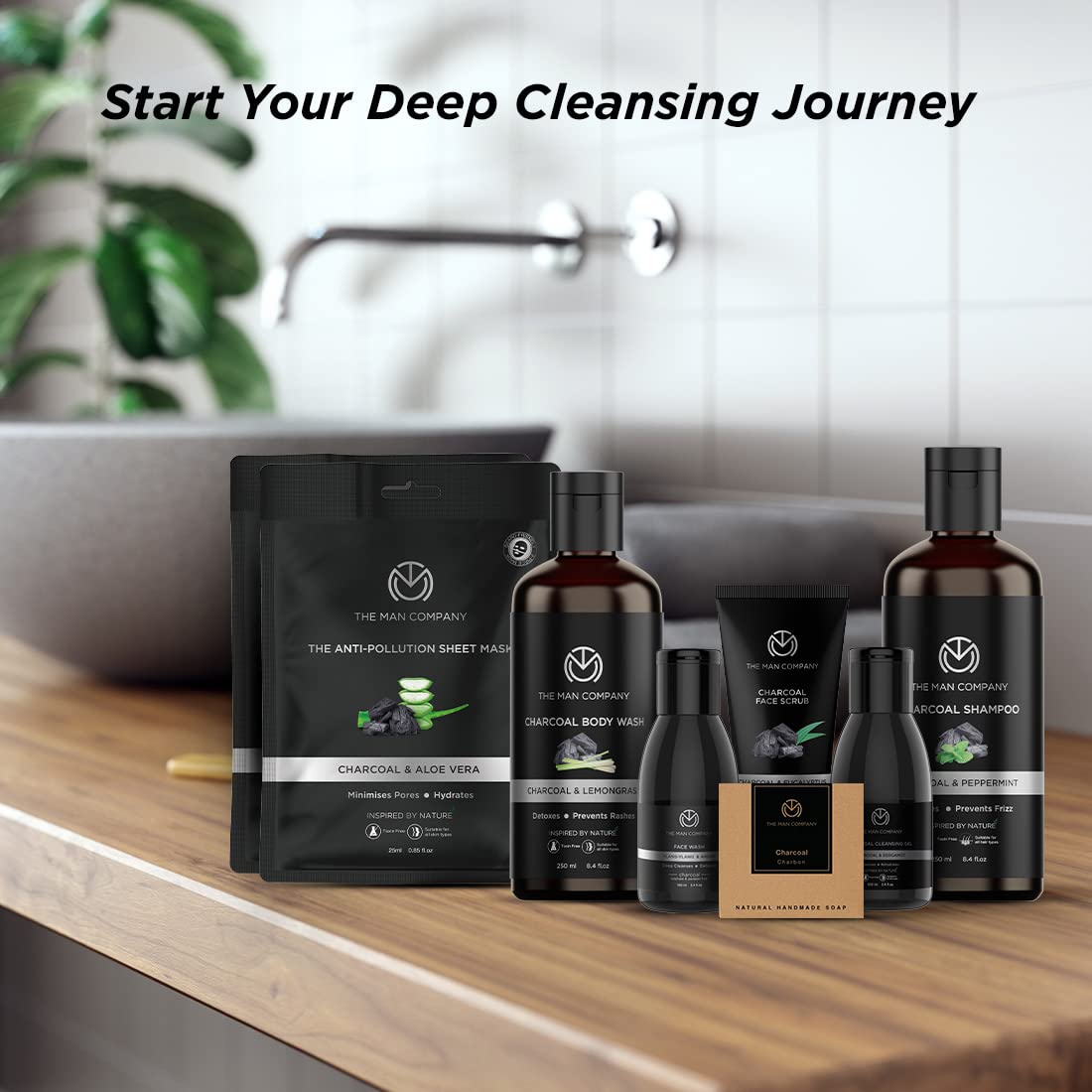 The Man Company Ultimate Charcoal Detan Kit With Elegant Gift Box | Charcoal Body Wash, Shampoo, Face Scrub, Face Wash, Soap, Sheet Mask*2, Cleansing Gel, | Gift Set For Him