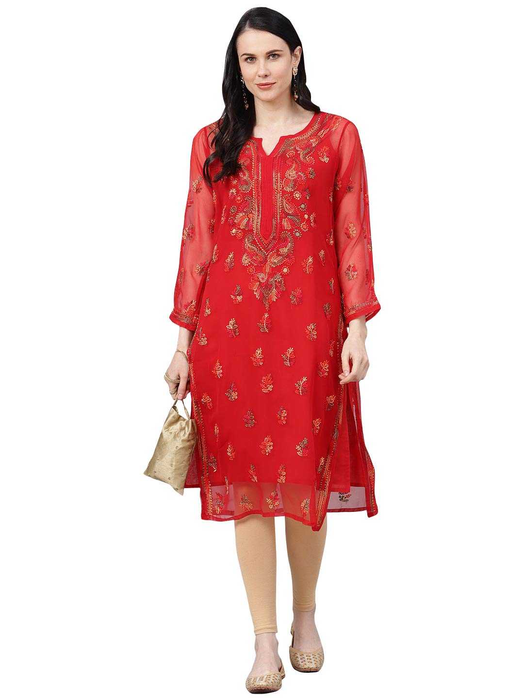 Ada Lucknowi Hand Embroidered Chikankari Women's  Georgette Kurta Kurti with Slip