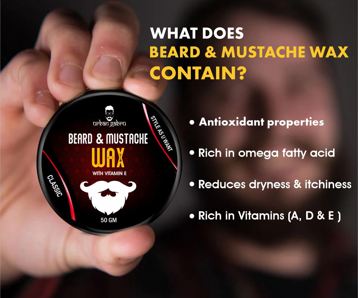 UrbanGabru Beard & Mustache Wax (50 gm) for Strong Hold | Natural Beard Wax | Enriched with Vitamin E & Omega-3 | Gives Natural Shine