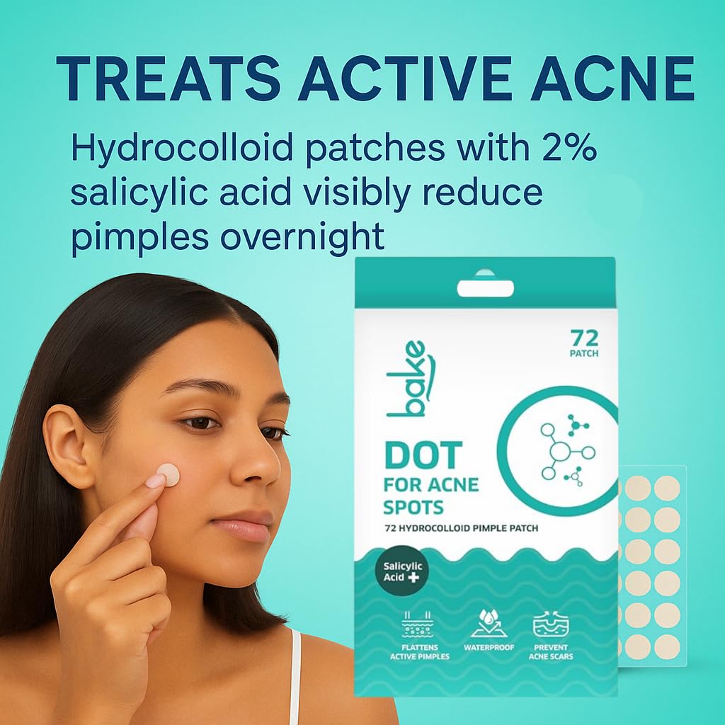 BAKE 2% Salicylic Acid Hydrocolloid Pimple Patches (72 Dots) | Absorbs Oil, Prevents Acne | Waterproof Patches | For Acne, Acne Marks, Acne Prone Skin - 72 Patches