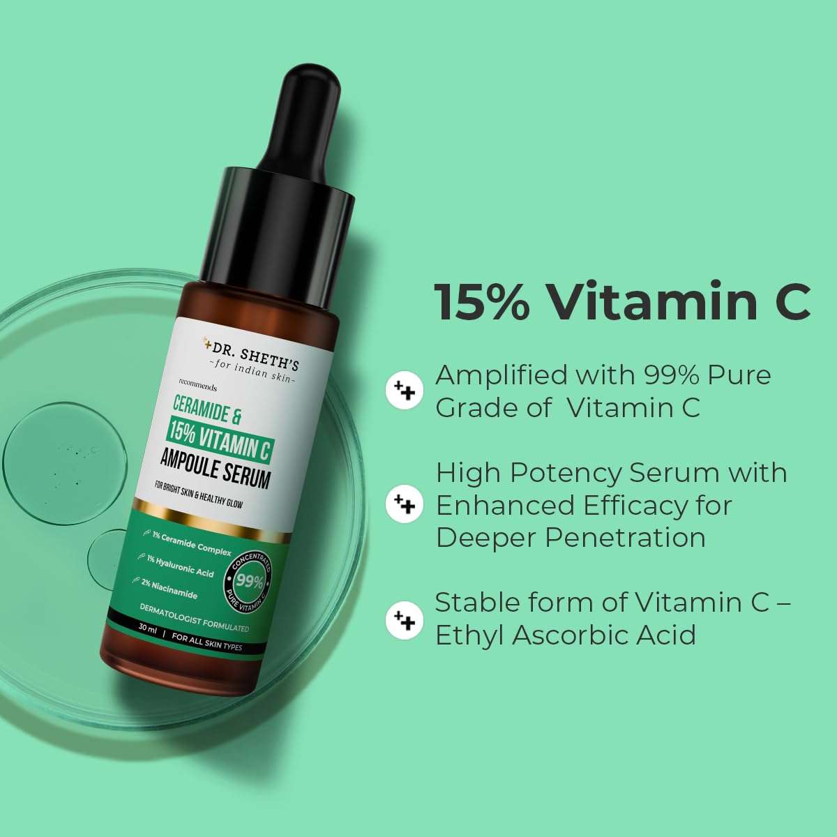 Dr. Sheth's Non-Irritating Ceramide & 15% Vitamin C Ampoule Serum| Reduces Dullness & Dark Spots| Brightens & Repairs Skin Barrier |For Advance Users| 99% Pure Grade Vitamin C |All Skin Types |30 ml
