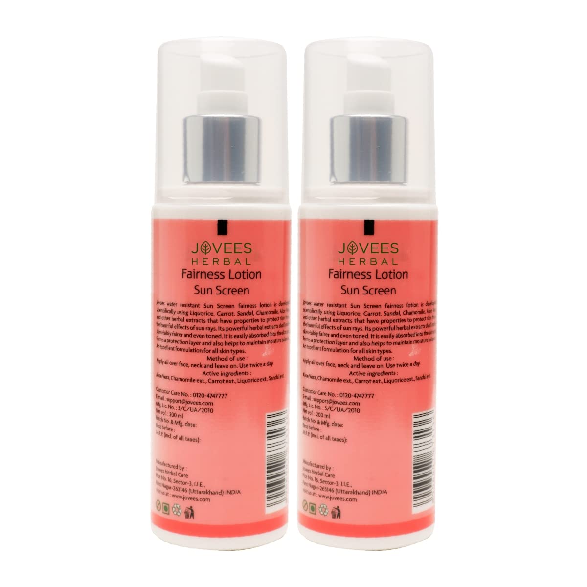 Jovees Herbal Sunscreen Fairness SPF 25 Lotion for Oily, Sensitive | Light Weight,Non Greasy, Quick Absorbing | Protects from Tanning & Uneven Skin Tone 200 ML (Pack of 2)