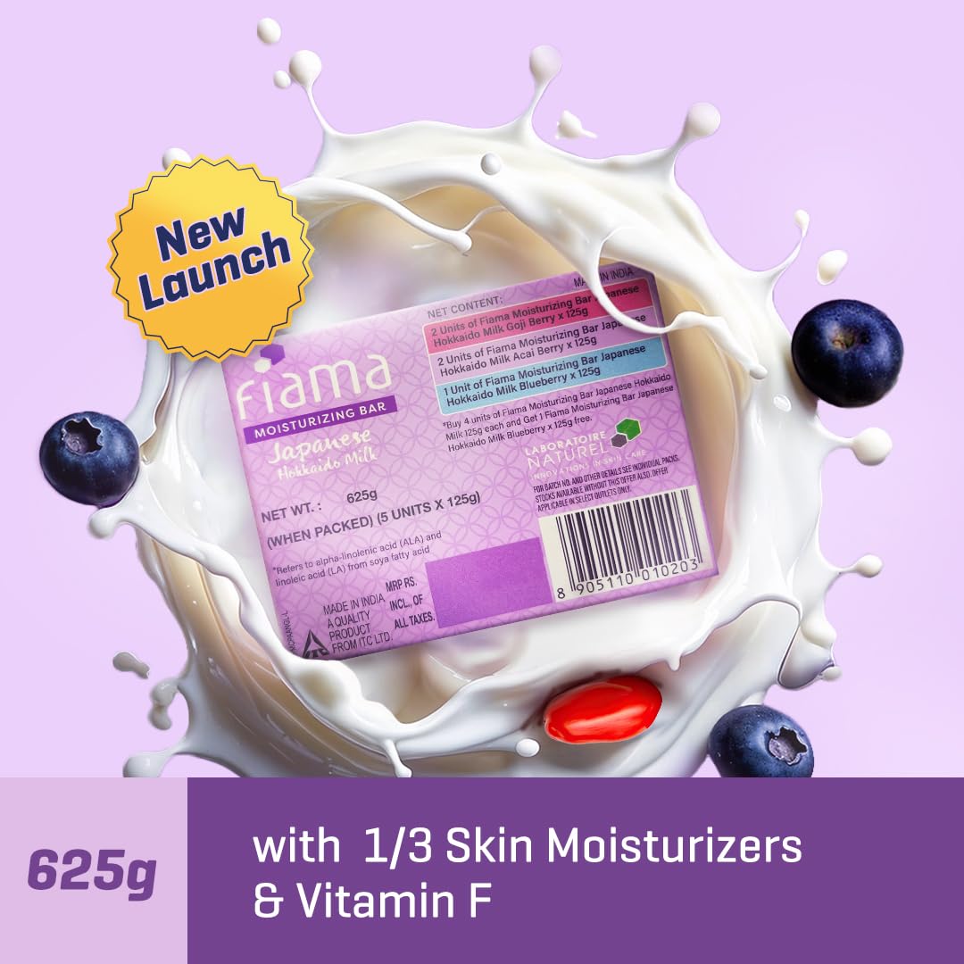 Fiama Moisturizing Soap Bars Celebration Pack, Japanese Hokkaido Milk & Berries, Fiama Soaps Pack of 5, Non-Sticky Moisturized Skin, 1/3rd Skin Moisturizers, Vitamin F, Buy 4 Get 1 Free