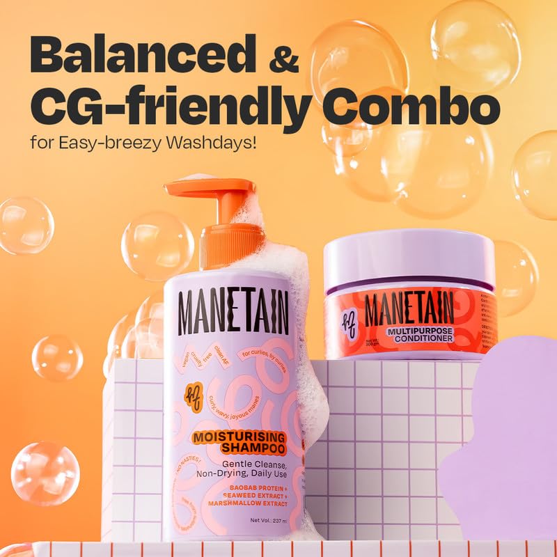 MANETAIN Beginner Basic Bundle | Moisturising Shampoo 237ml & Multipurpose Conditioner 200gm | Protein/Moisture Balanced for Curly, Wavy & Frizzy Hair | Frizz Control, Hydrating, Strengthening, Curl Enhancing | CG Friendly