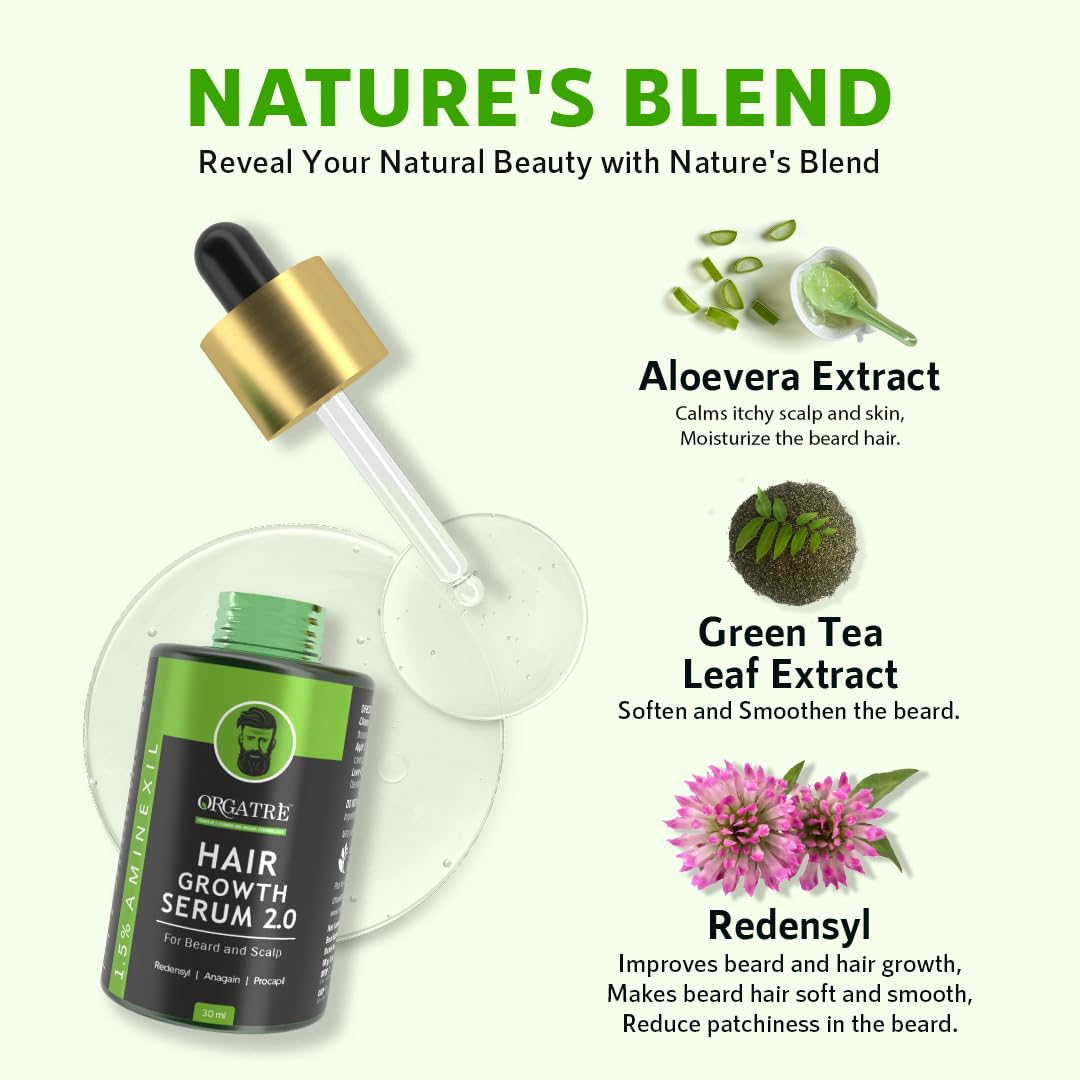 ORGATRE Hair Growth Serum 2.0-30ml | For Beard & Scalp | Reduces Hairfall & Thinning | 1.5% Aminexil, Redensyl, Anagain & Procapil | Hair Growth Serum for Men & Women