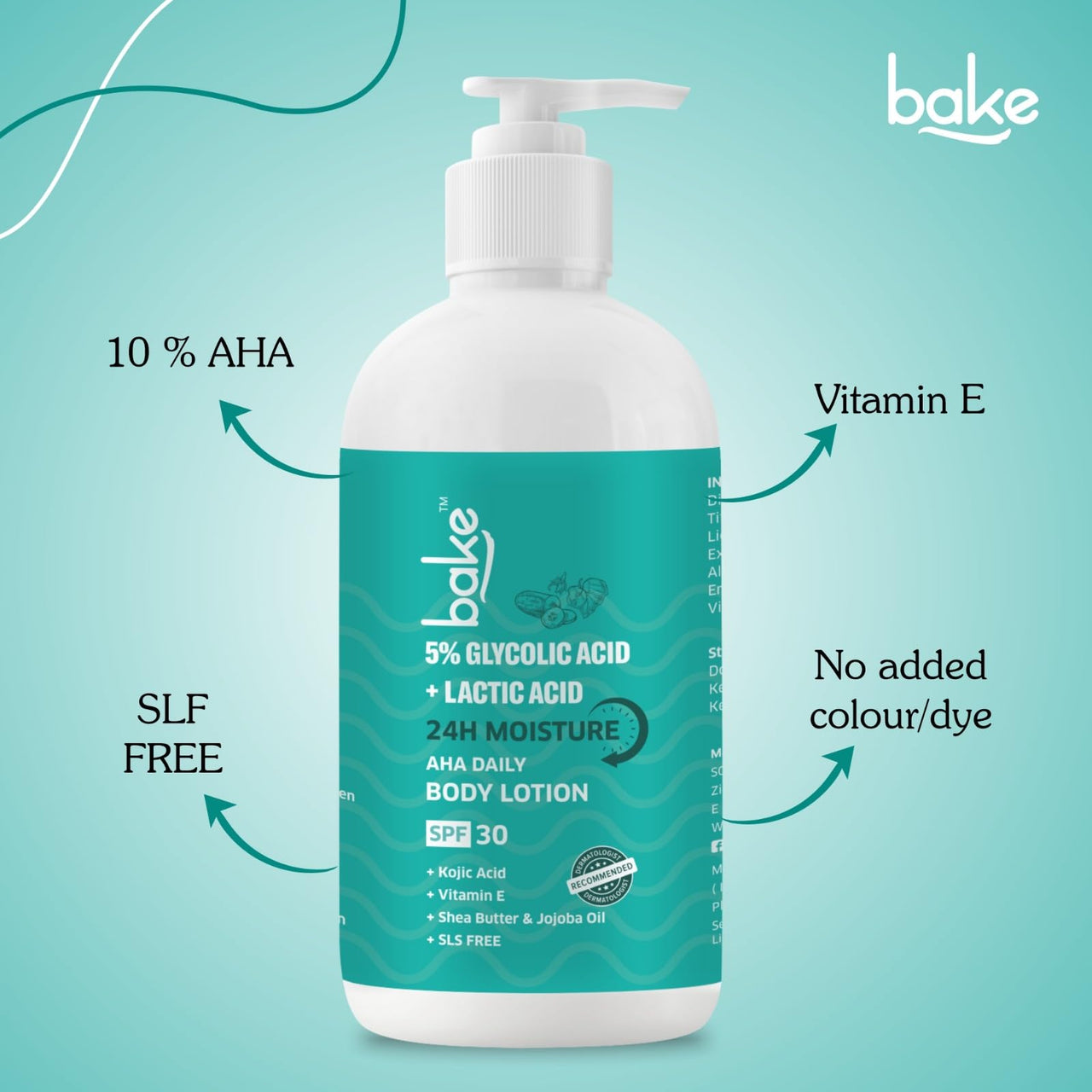 BAKE 5% Glycolic & Lactic Acid Body Lotion SPF 30 PA+++ for Dark Spots Body Acne | Dead Skin Removal & Uneven Skin Tone | 5% AHA Maxiimum Exfoliation | 200ml