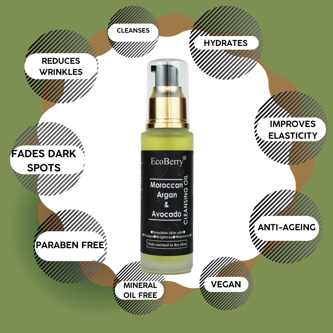 EcoBerry Moroccan Argan & Avocado Cleansing Oil For Oily Skin, Boosts Hydration, Increases Collagen Production, Improves Elasticity, Reduce Wrinkles, Vegan