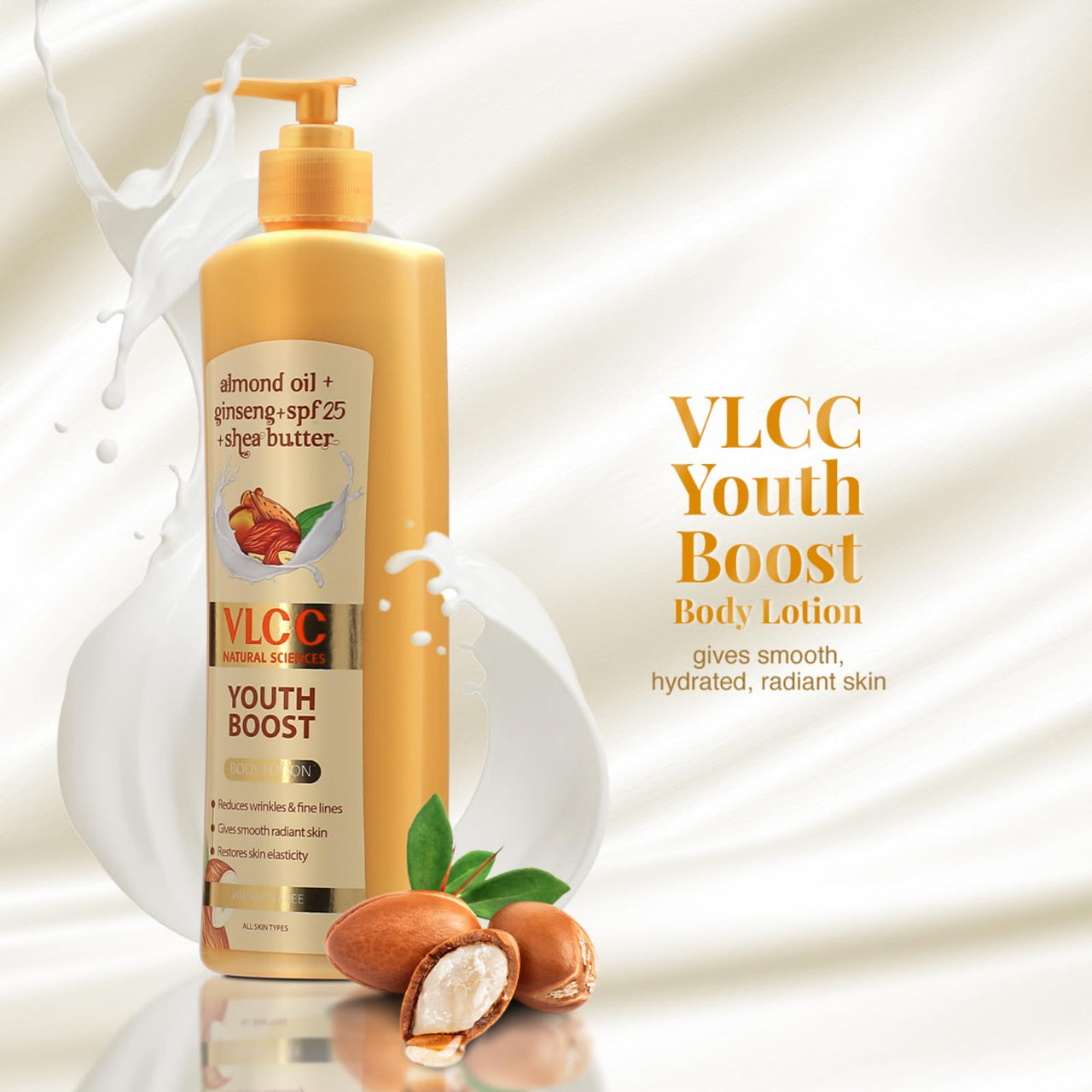 VLCC Youth Boost Body Lotion SPF 25 PA+++ - 400ml | Body Lotion with UV Protection | For Wrinkle Free, Smooth & Soft Skin | Almond Oil, Ginseng & Shea Butter For Radiant Skin | Paraben Free