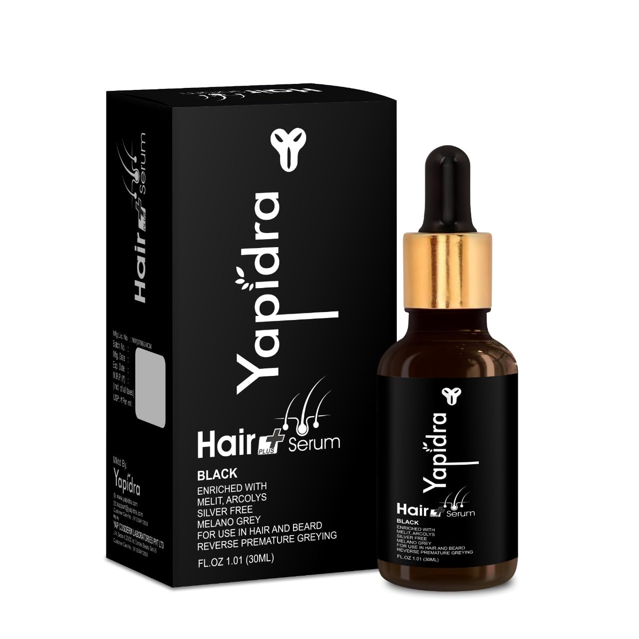 Yapidra Anti-Gray Hair & Beard Serum | Helps Reduce Graying | With Arcolys, Biotin | Lightweight, Non-Sticky & Fragrance-Free | Suitable for Men & Women | 30 ML