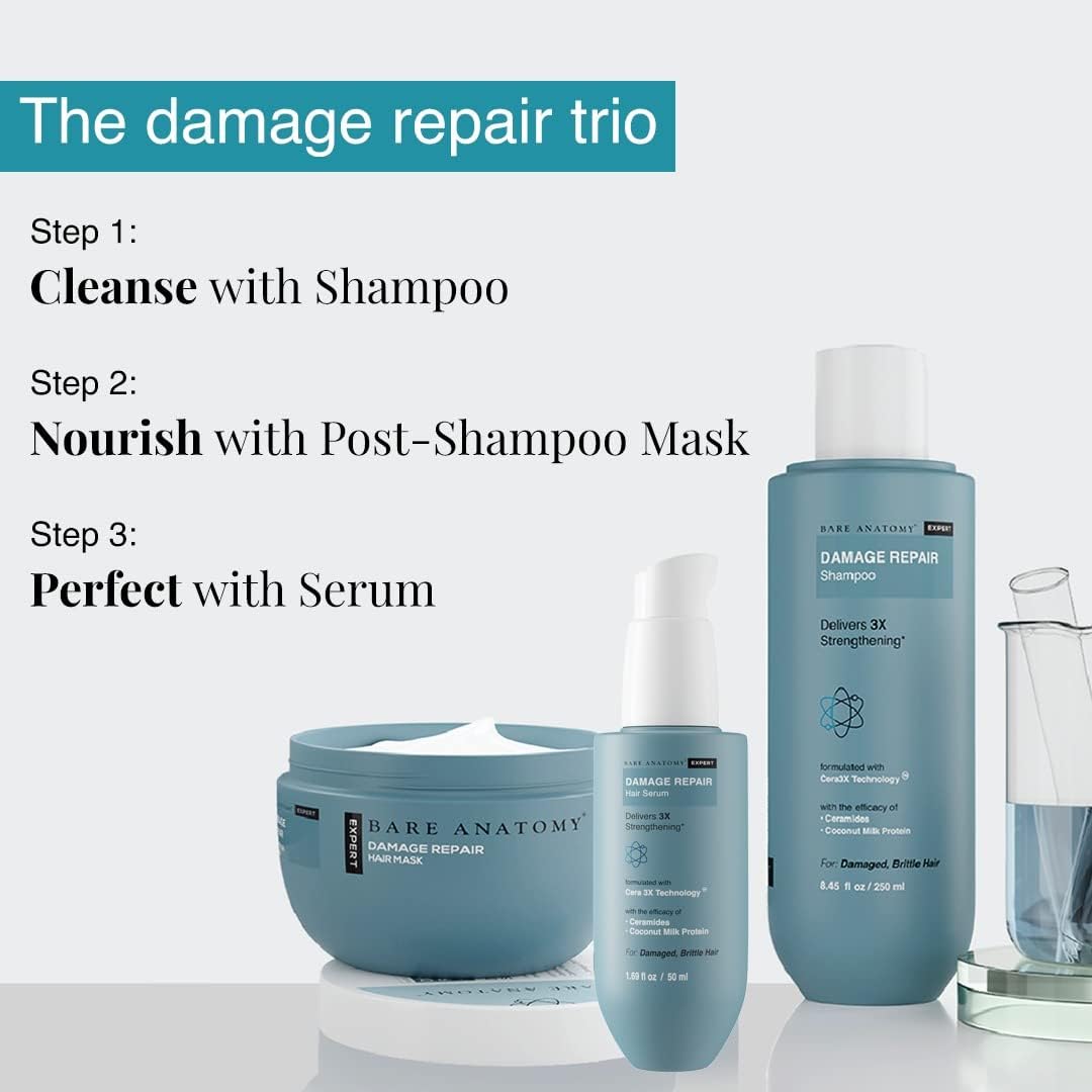 Bare Anatomy Damage Repair Hair Serum, Powered by Cera3x Technology Delivers 3x Hair Strengthening, Serum for Hair Smoothing for Dry and Frizzy Hair, 50ml