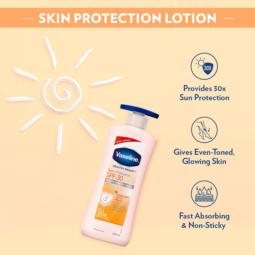 Vaseline Healthy Bright Sun Protection Body Lotion SPF 30 400 ml, Daily Moisturizer for Dry Skin, Gives Non-Greasy Glowing Skin - For Men & Women (Pack of 2)