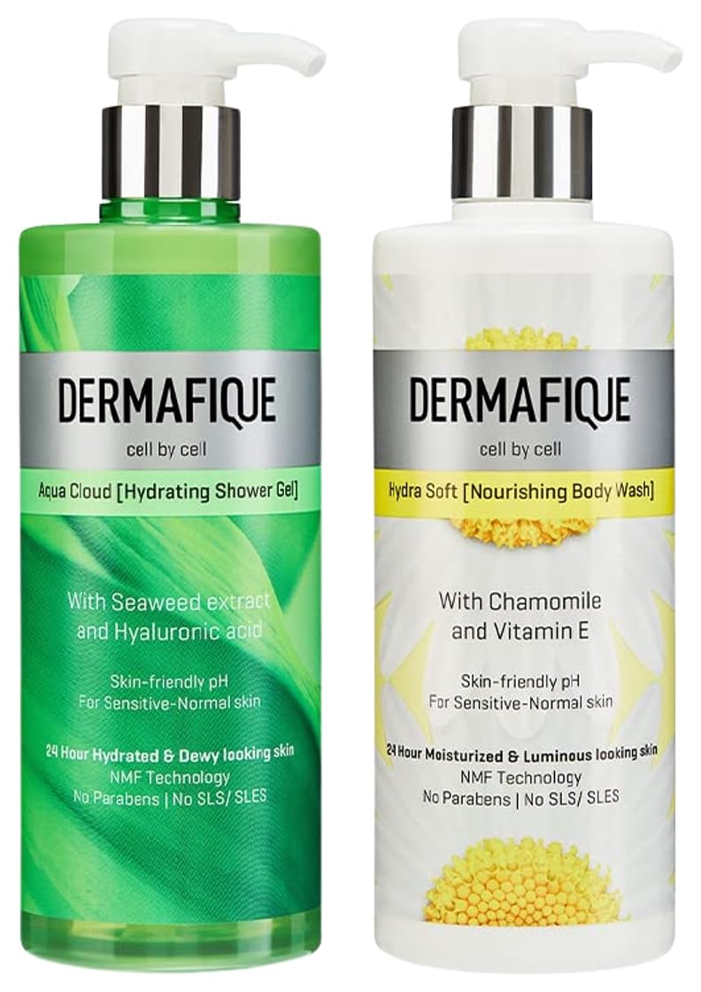Dermafique Hydra Soft Nourishing Body Wash – 500ml Body Wash Enriched with Vitamin E Chamomile Suitable for Sensitive Normal Skin Balances Skin pH Aqua Cloud Hydrating Shower Gel – 500ml