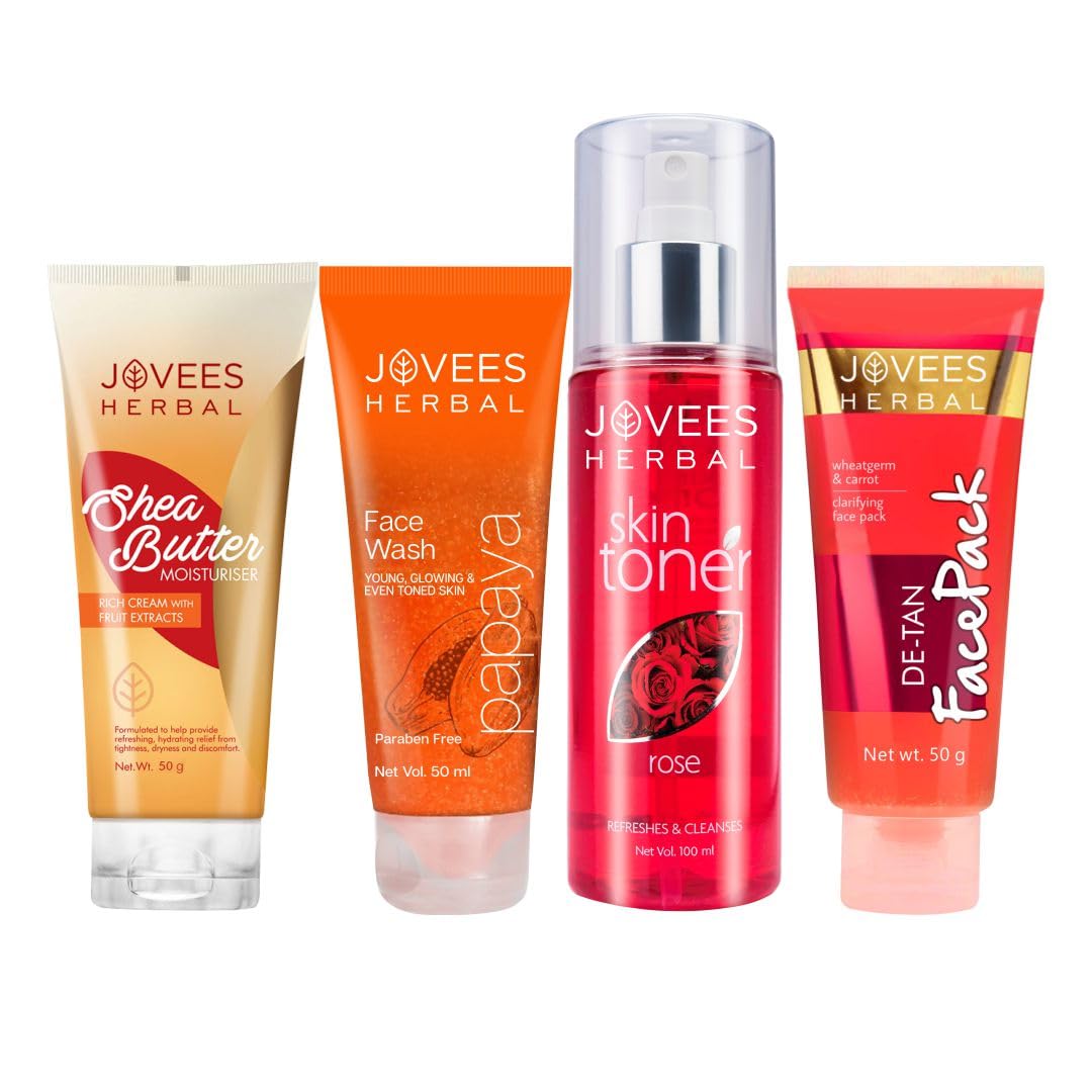 Jovees Herbal Shea butter Moisturiser (50g) + Papaya Face wash (50ml) + Rose Toner (100ml) + De- Tan Pack (50g) Set Of 4