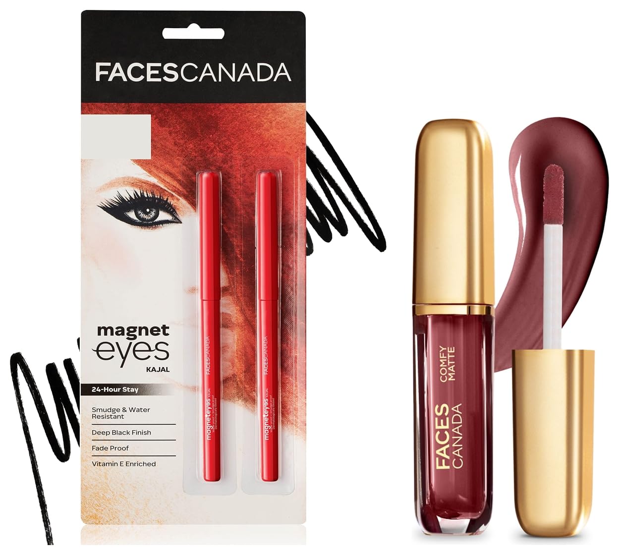 FACESCANADA Comfy Matte Liquid Lipstick - Note To Self 07, 3 Ml, Magneteyes Kajal - Black, 0.35G (Pack Of 2) | 24 Hr Long Stay