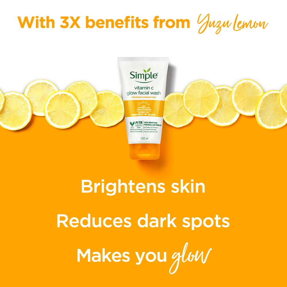 Simple Protect N Glow Vitamin C Glow Facial Wash 100ml | 100% Soap-Free Facewash | Bright & radiant skin| For dull & tired skin