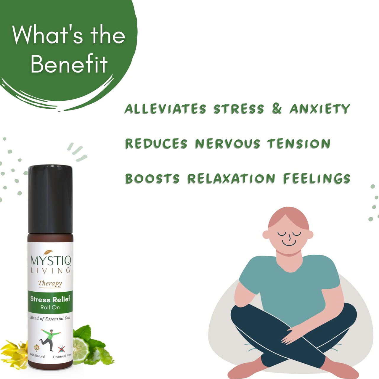 Mystiq Living Stress Relief Roll On for Instant Relief from Stress, Anxiety, Calms the mind, Aromatherapy | Blend of Essential Oils