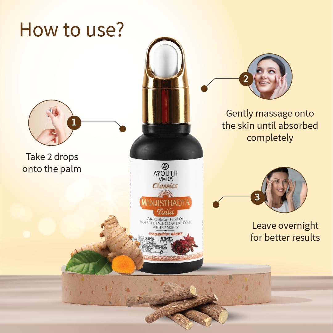 Ayouthveda Manjisthadya Taila | Nourishes Skin Tone With Goat Milk & Matulunga| Helps To Restore Dull Skin | Work As Natural Skin Illuminator | Anti-Aging Facial Oil (Pack Of 3-30ml each)