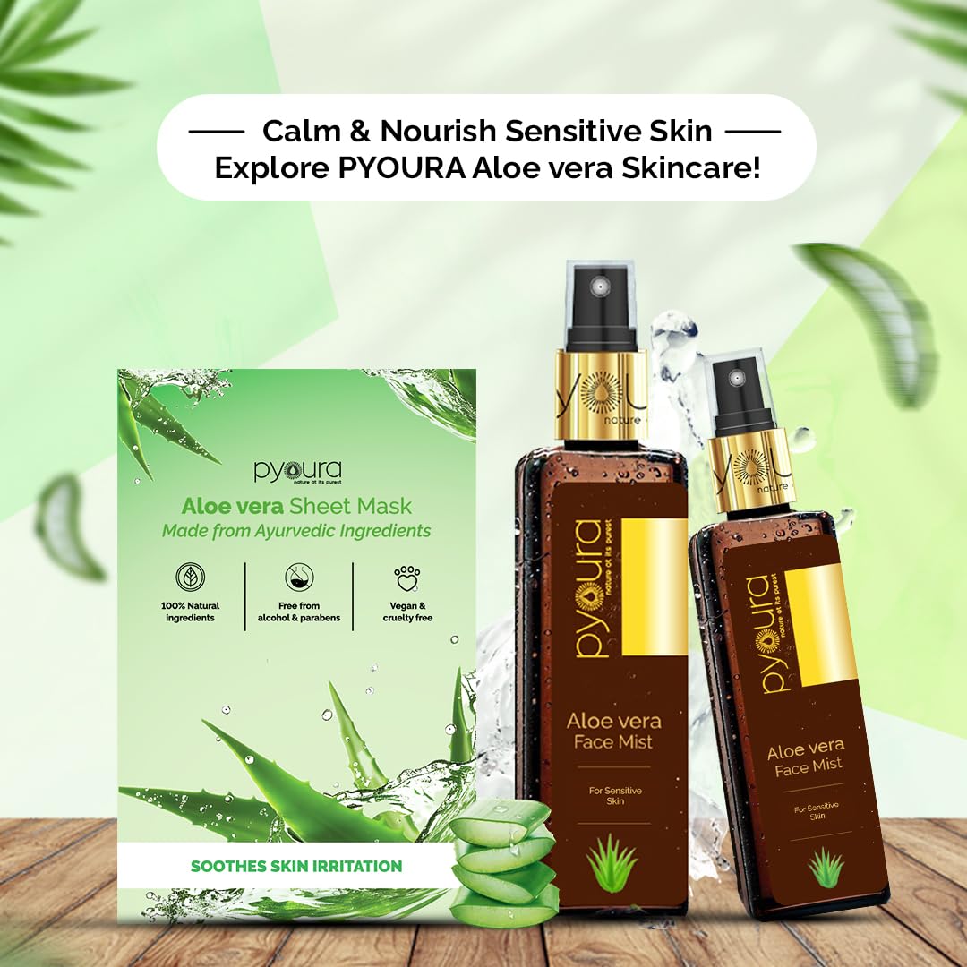 PYOURA Aloe vera Soothing Face Sheet Mask | 100% Natural, Alcohol & Paraben-Free | Vegan & Cruelty-Free | Refreshes Skin, Reduces Dullness | For All Skin Types | Pack of 2, Each 23g