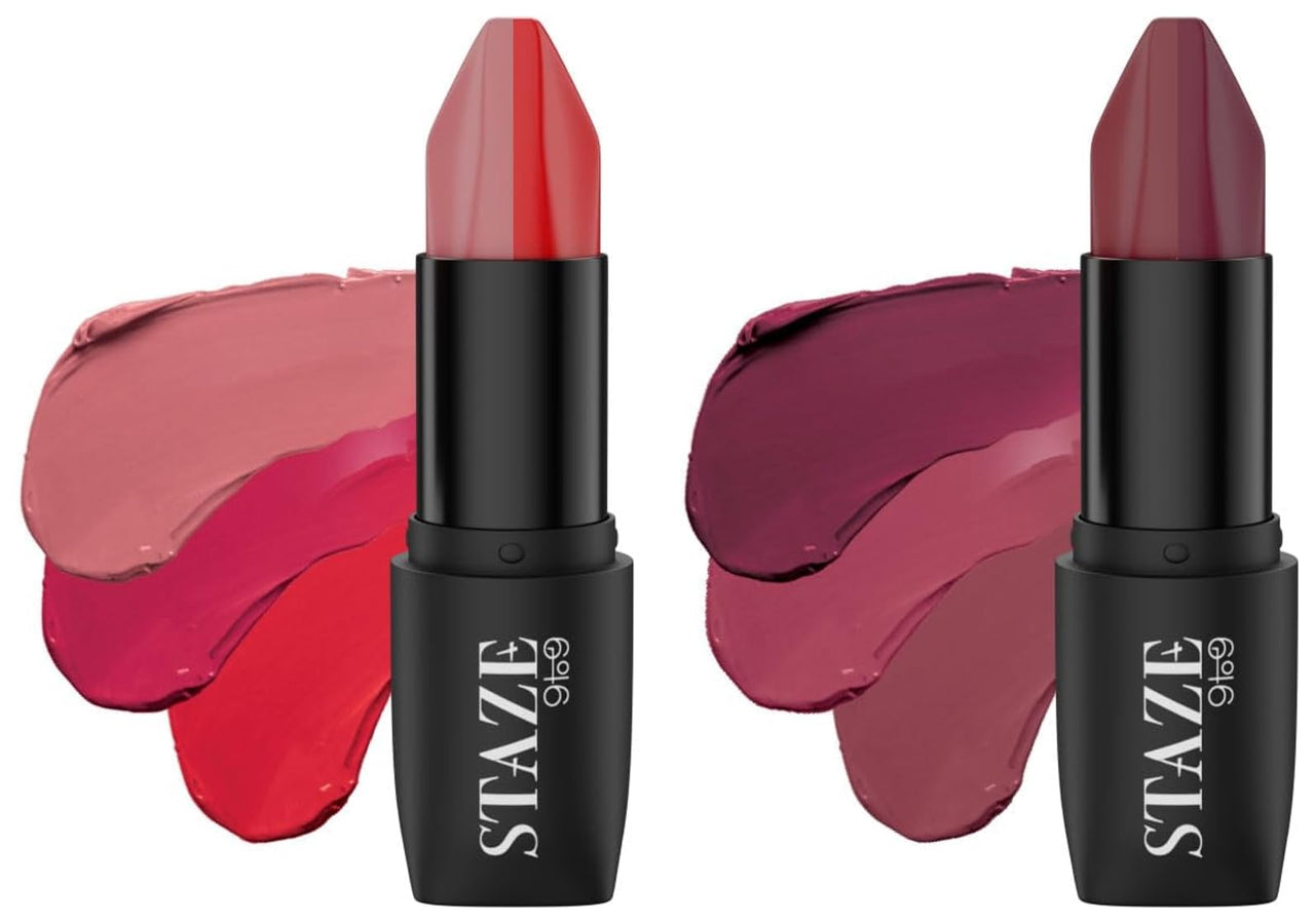 Staze 9To9 Triple Kiss Duo 3 In 1 Matte Lipstick|Truffle Blush + Scarlet Whisper|12 Hrs Long Lasting Transfer-Proof|Non-Drying Formula With Intense Color Payoff|Lightweight & Comfortable|7.6 G