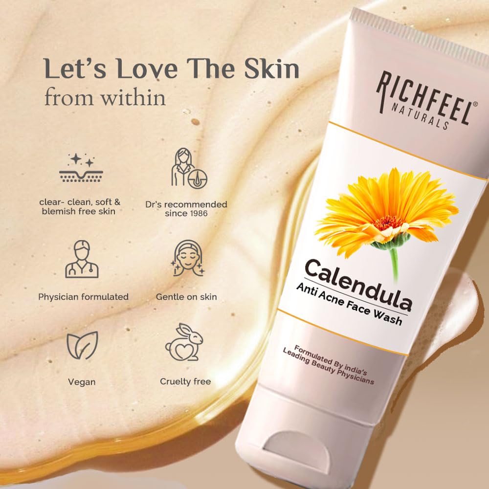 Richfeel Anti Acne Calendula Face Wash | Power of Soothing Calendula Extracts | For Skin prone to Acne & Blemishes | Physician Formulated | Helps Calm & Replenish Skin | 100 g (Pack of 2)