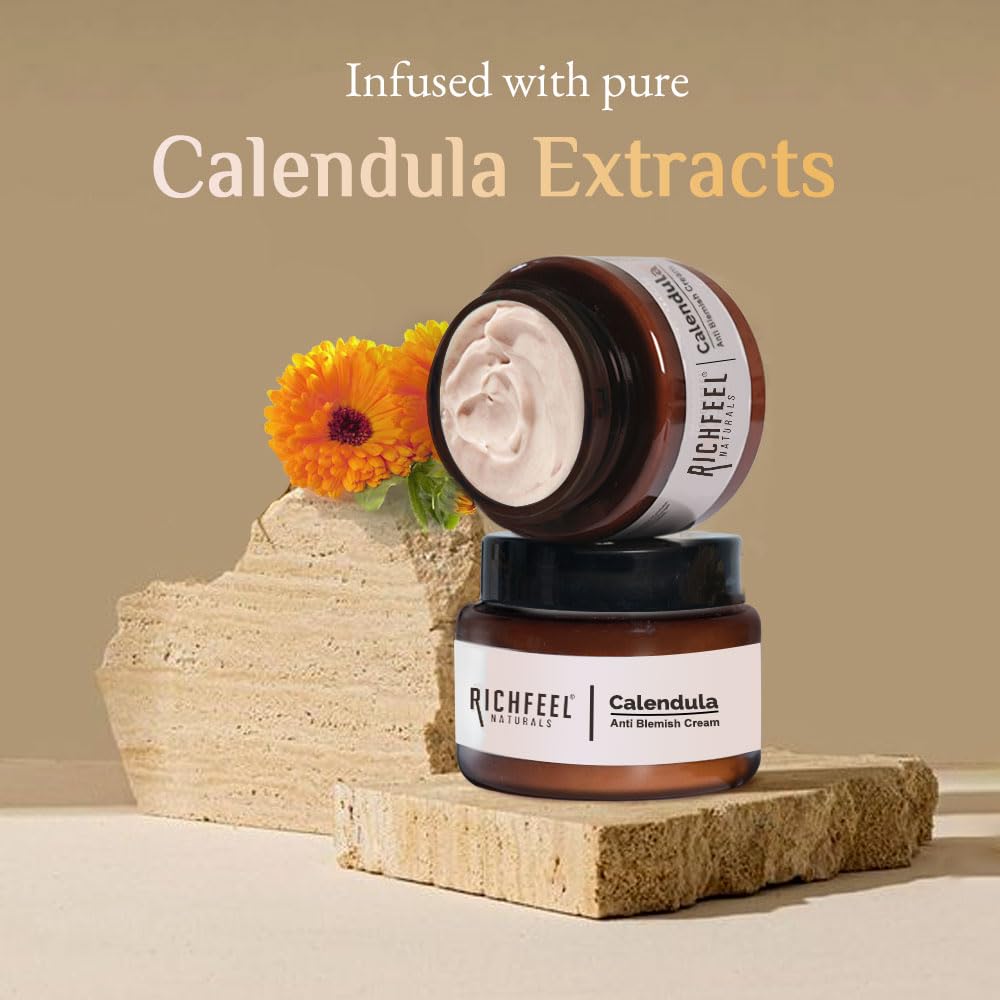 Richfeel Calendula Anti Blemish Overnight Cream | Power of Soothing Calendula & Clinically Potent Echinacea | For Skin prone to Acne, Blemishes & Scars | Physician Formulated 50g – Pack of 2